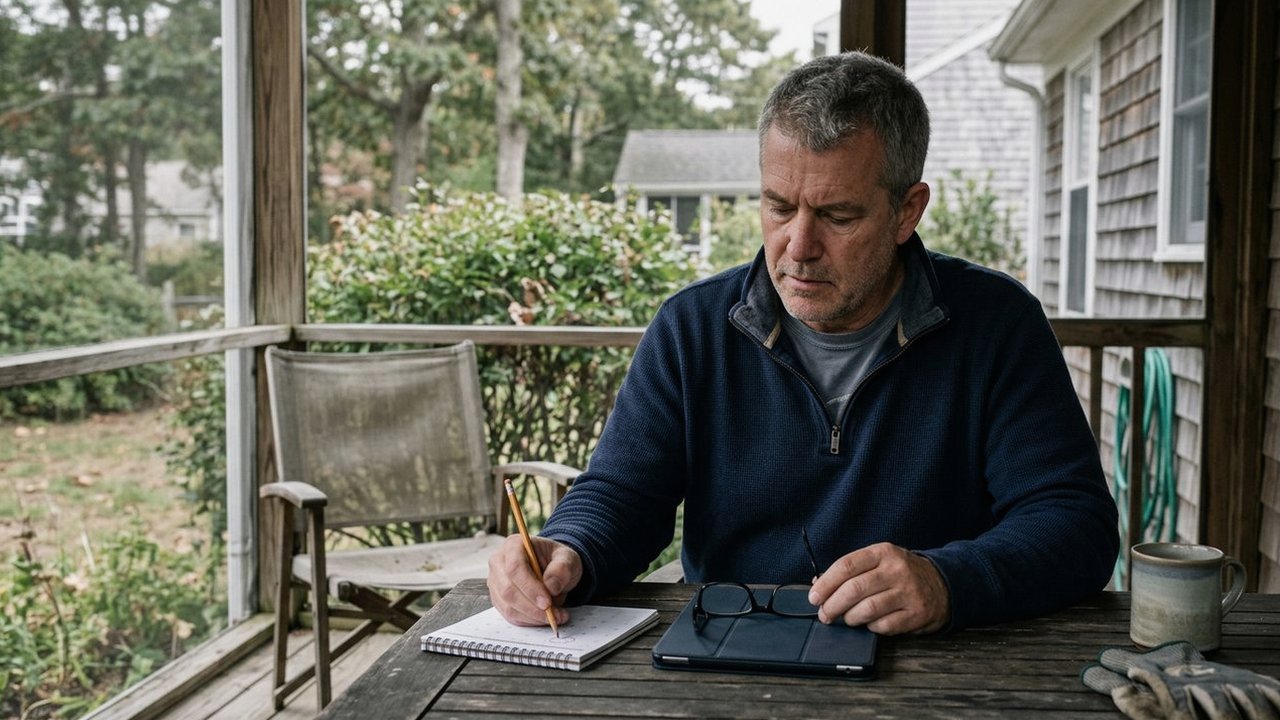 Executive circling a calendar date at a porch table beside tablet