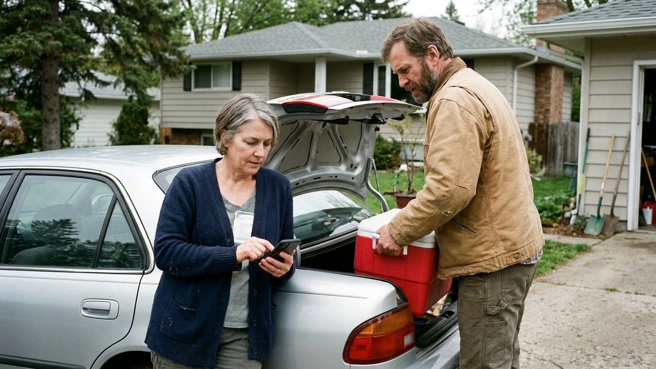 Two friends by a sedan in a driveway, one reading her phone