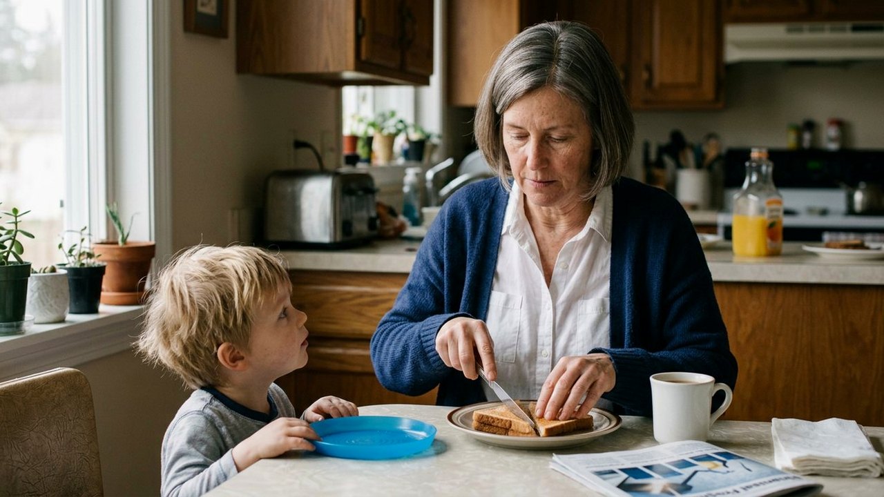 Woman in her fifties cutting toast for grandson at breakfast nook