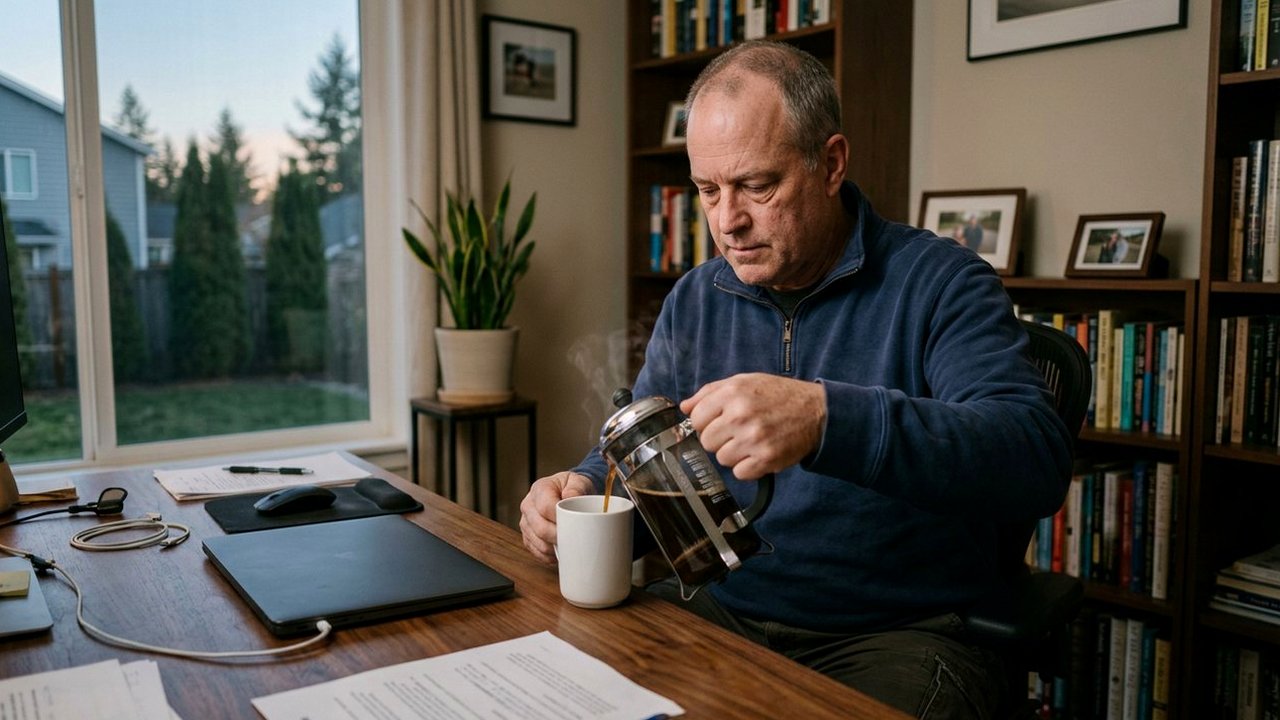 Man in navy sweater pours coffee at his home office desk