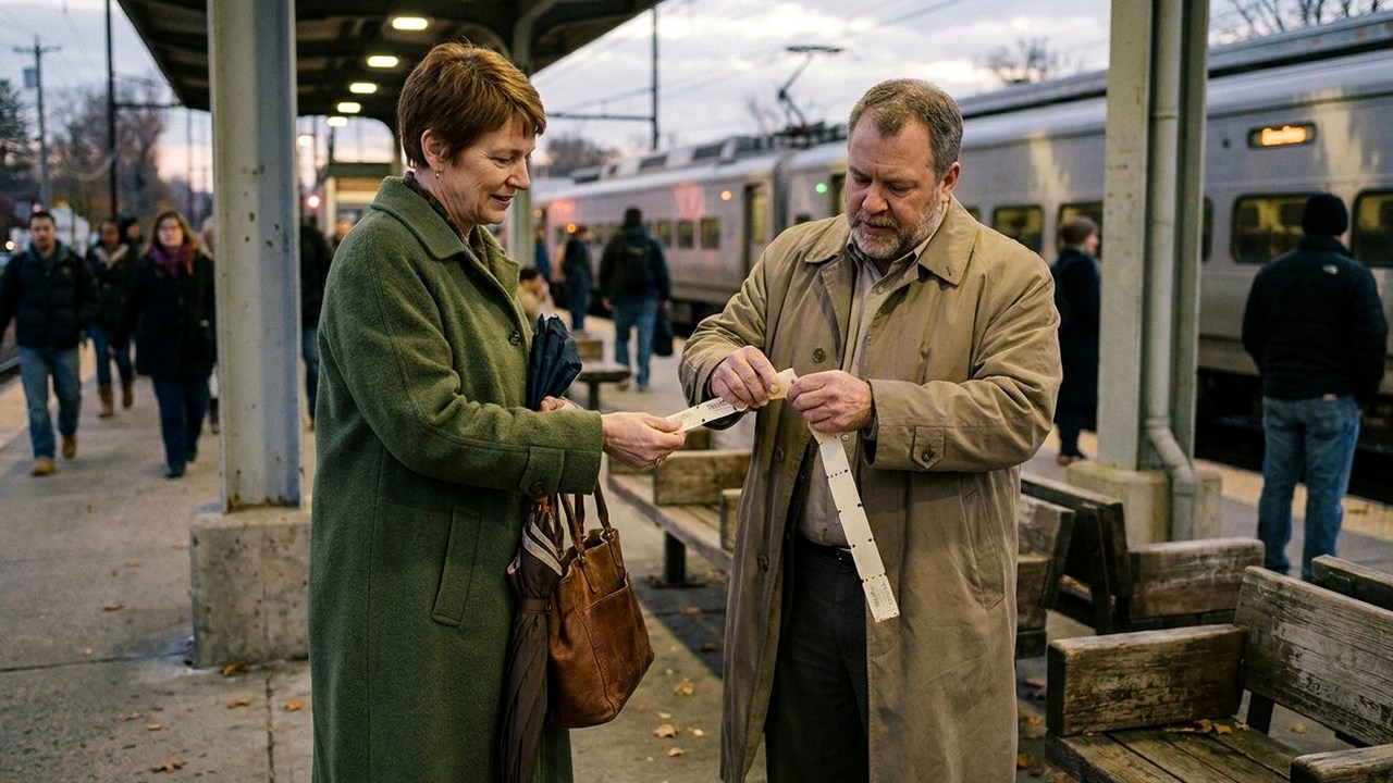 Two friends sharing ride tickets on a commuter train platform