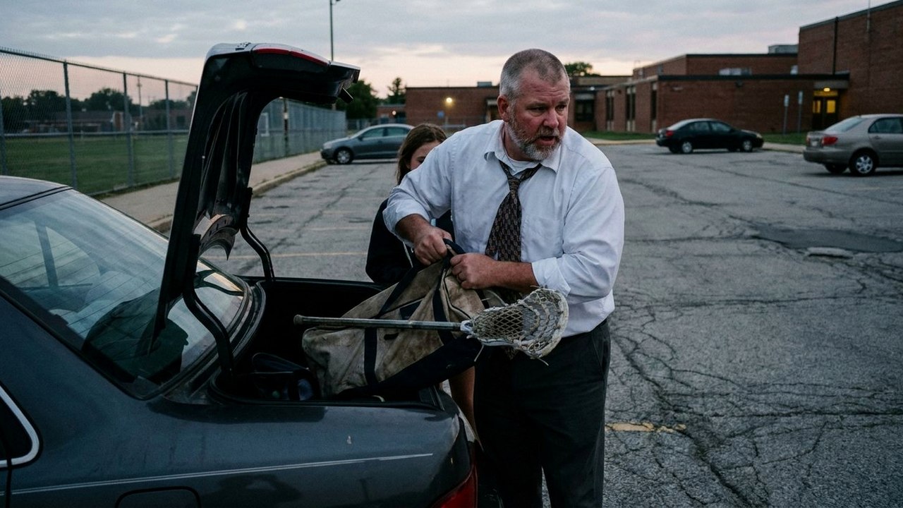 Man in his fifties loads lacrosse bag into car at school