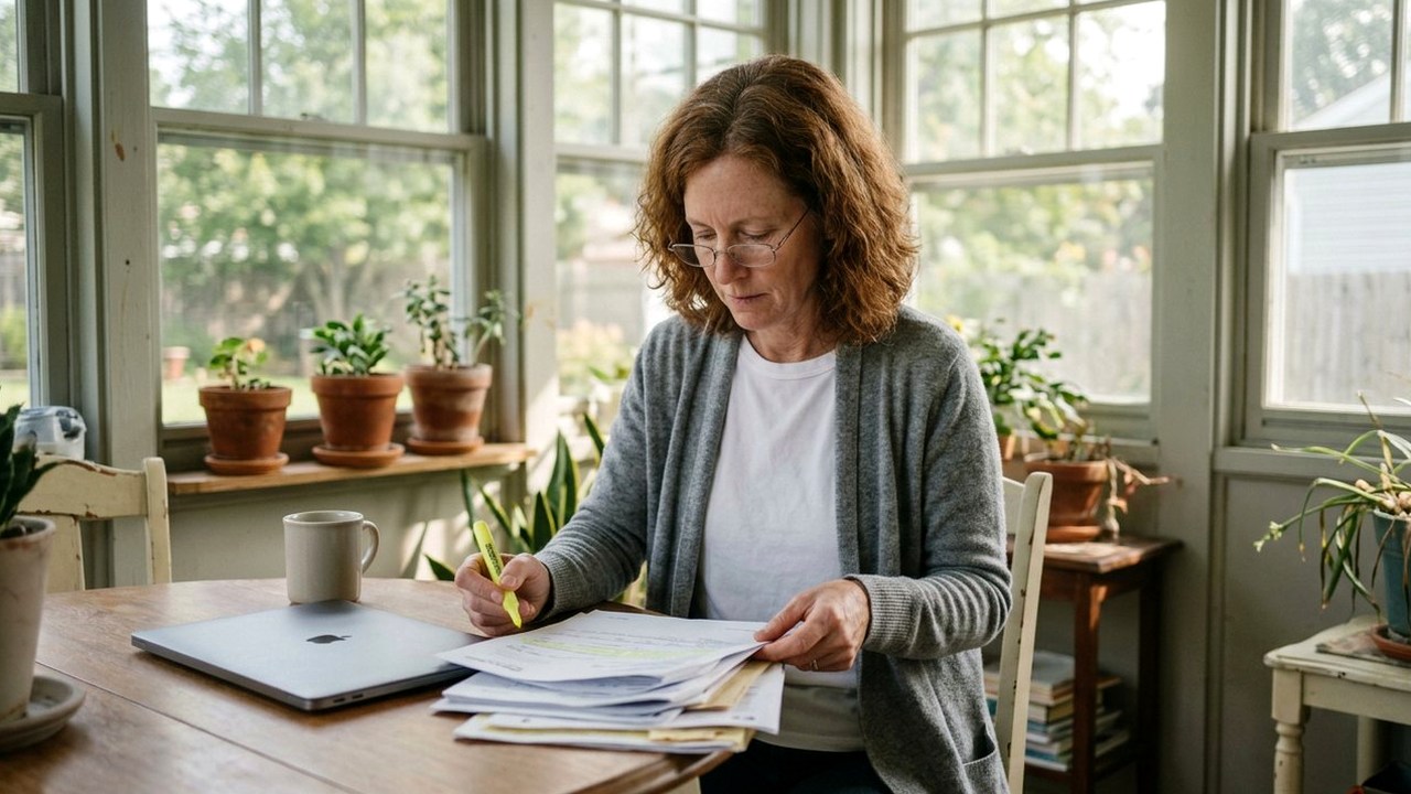 Woman in gray cardigan sorting statements in a sunlit sunroom