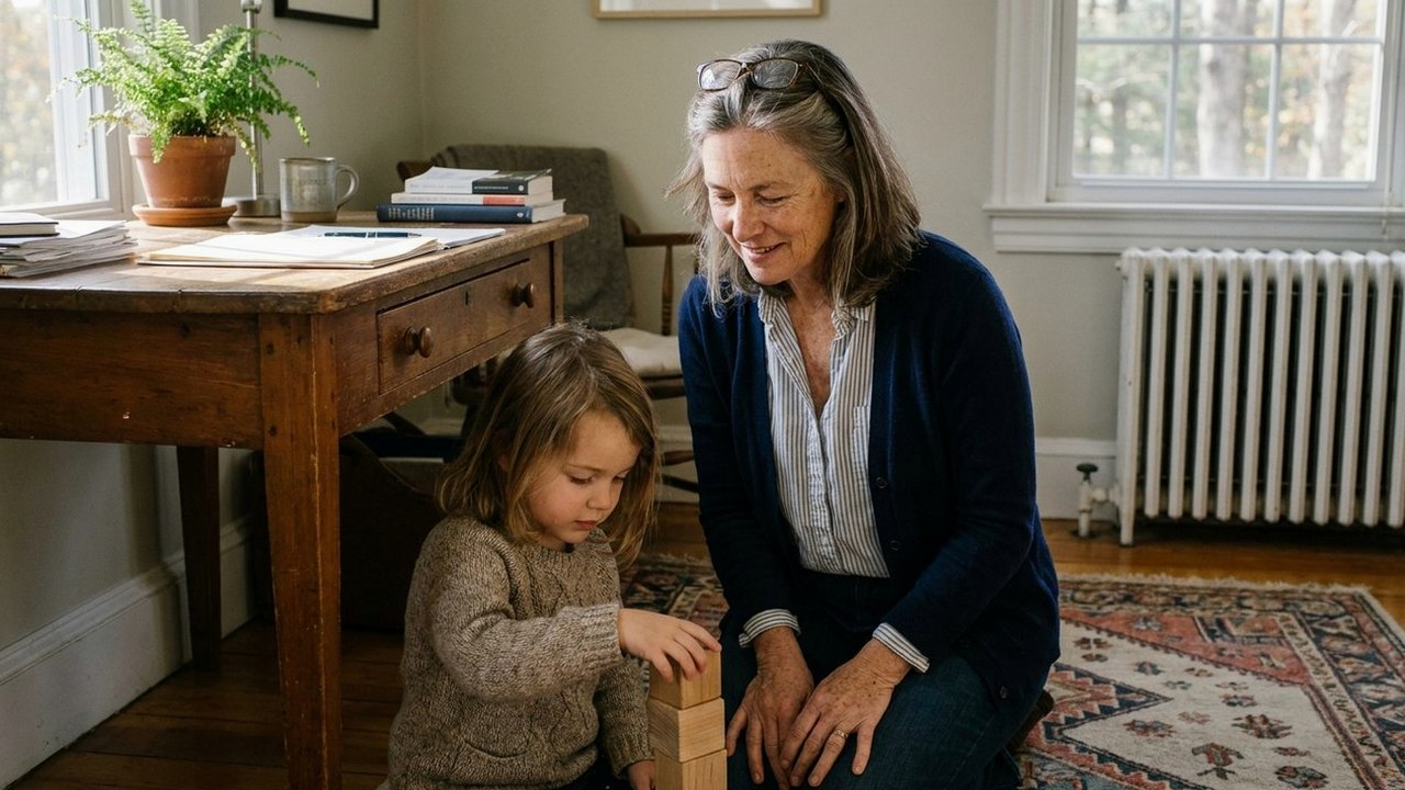 Woman in her fifties stacks wooden blocks with granddaughter in home office
