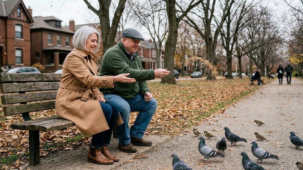 Woman and husband on park bench scattering birdseed in autumn