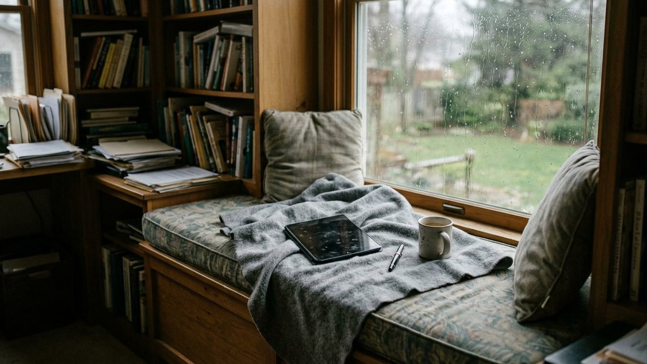 Empty window seat with face-down tablet, fountain pen and rain