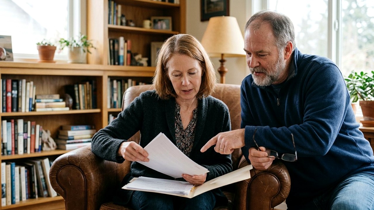 Woman in reading chair reviews statements while husband points