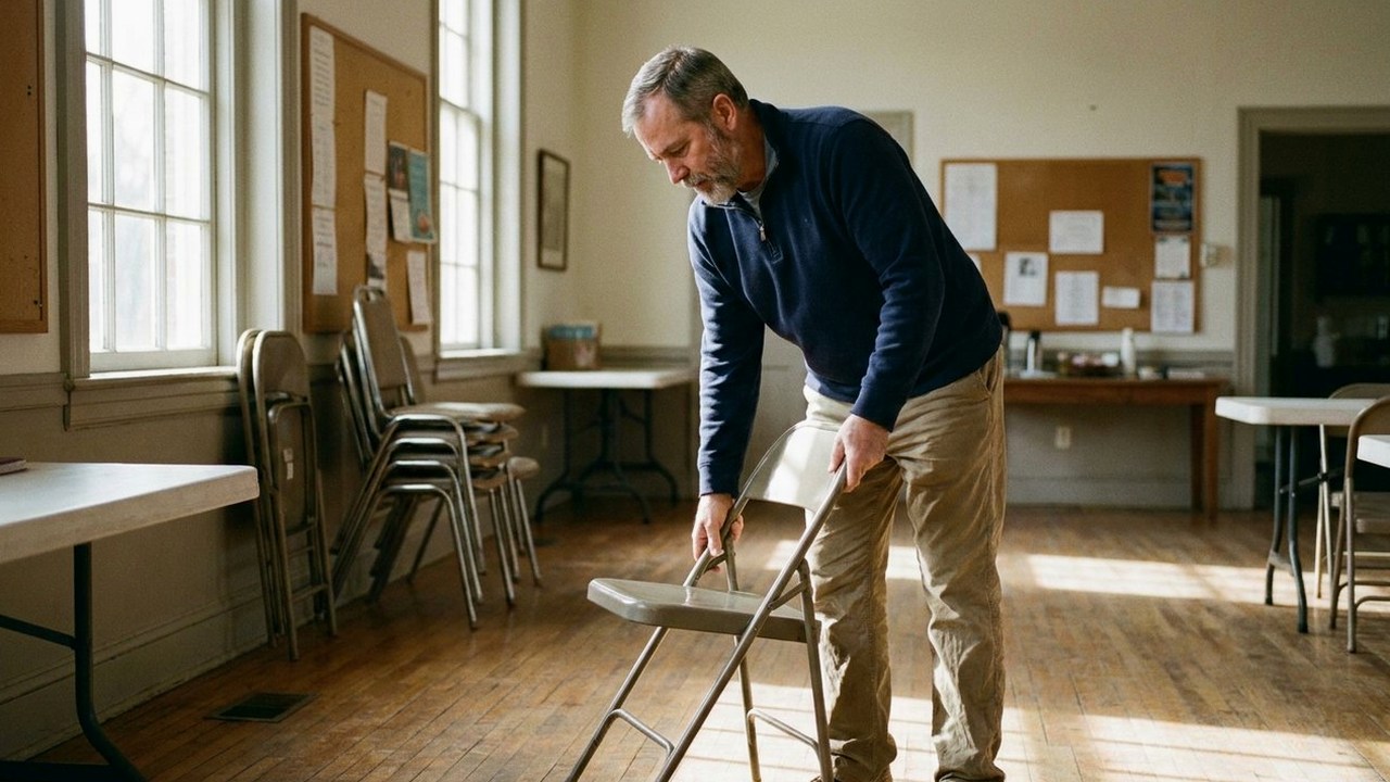 Man in navy sweater stacking folding chairs in a church hall