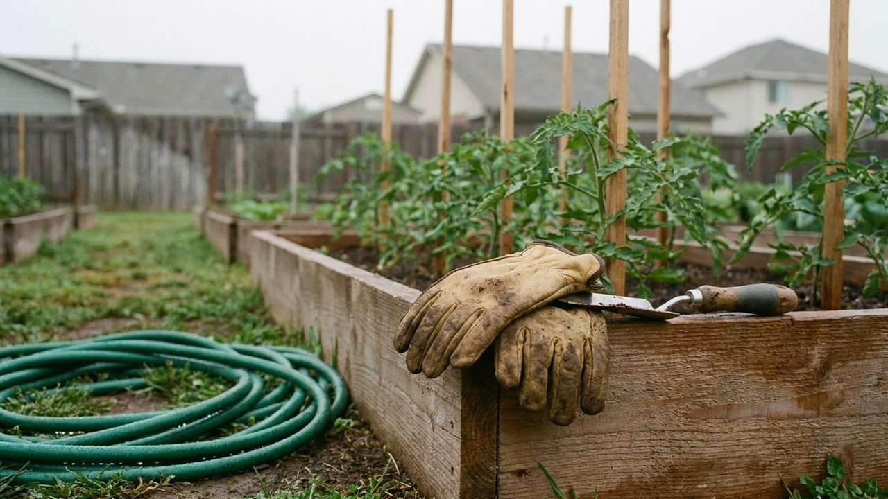 Empty community garden with gloves and trowel on a raised bed