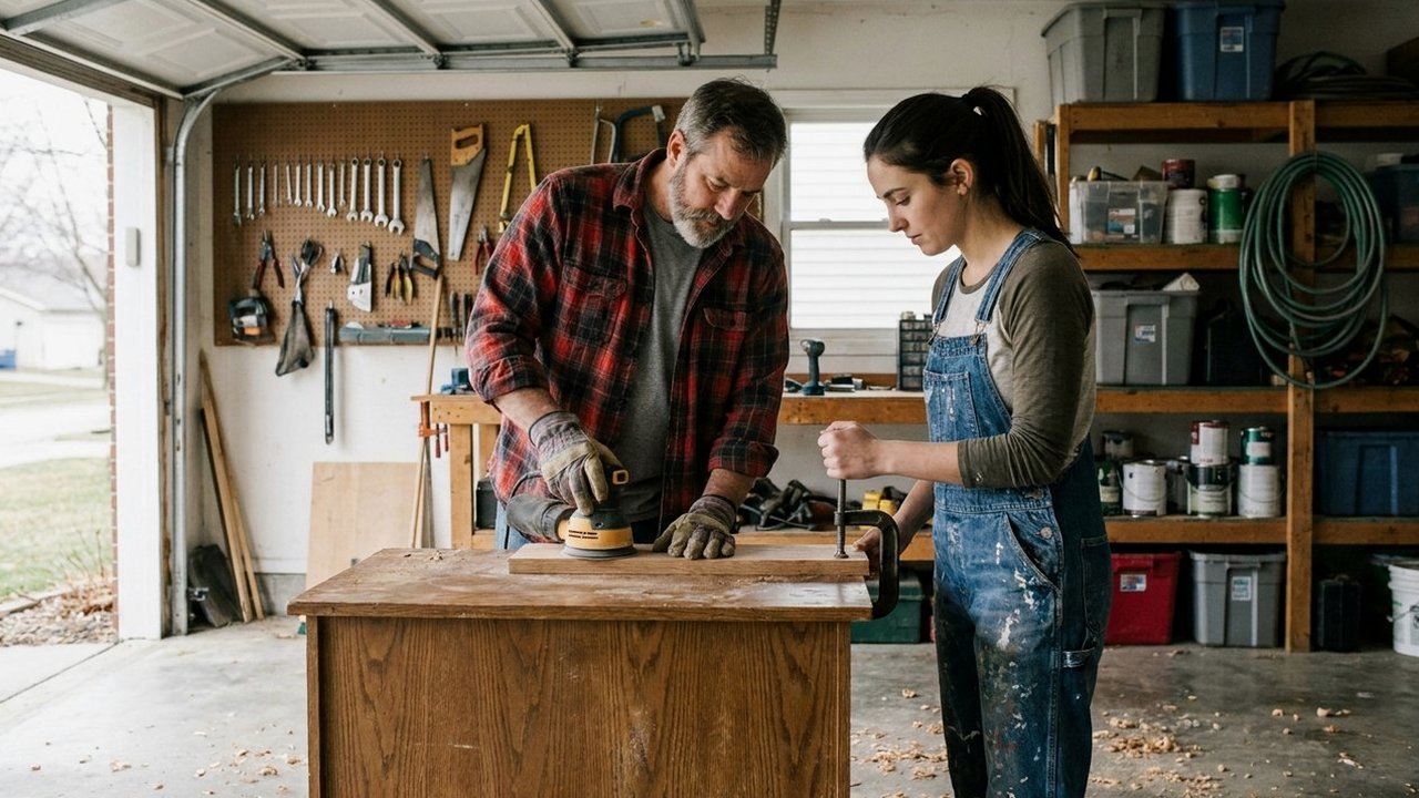 Father and adult daughter sanding a workbench in a home garage