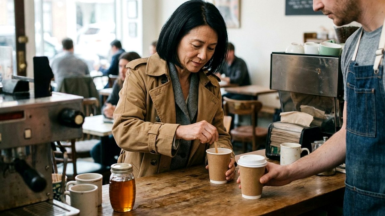 Woman in a trench coat stirring coffee at a coffee shop counter