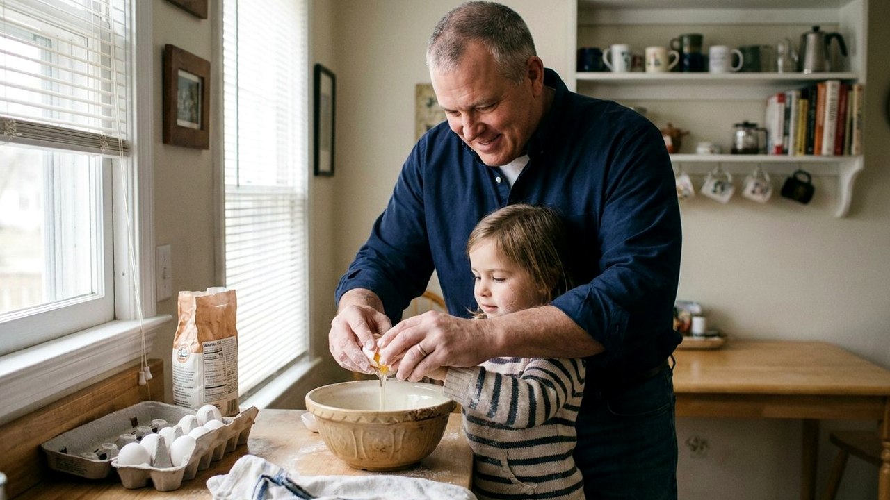 Grandfather helping granddaughter crack an egg into a kitchen bowl