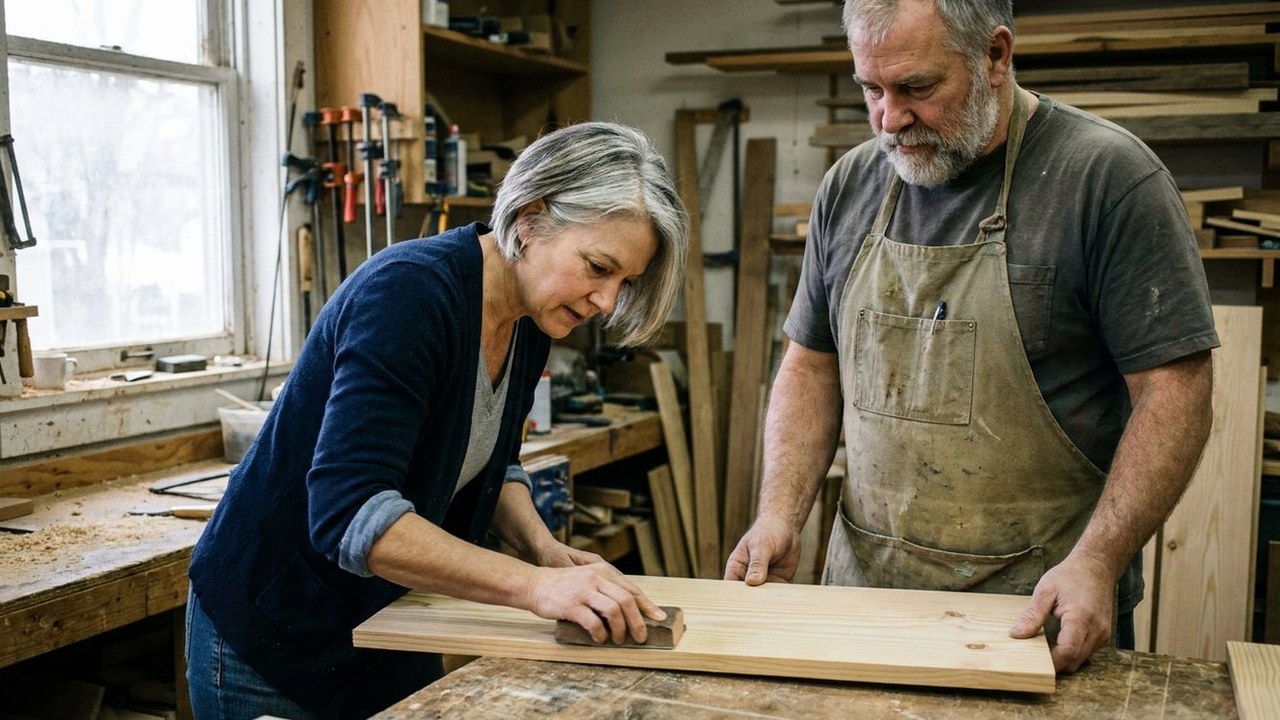 Woman and her husband sanding a pine shelf in a woodworking shop