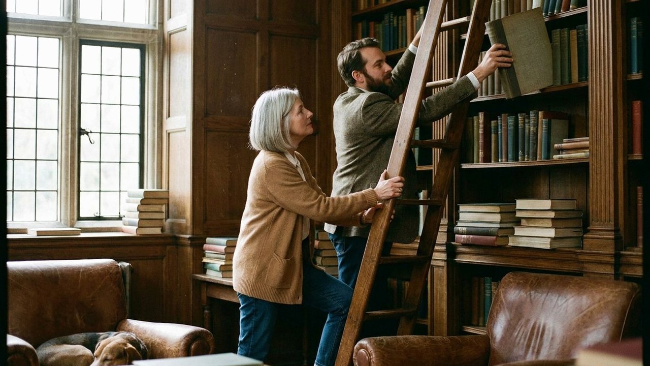 Two friends shelving a heavy book in a library reading room