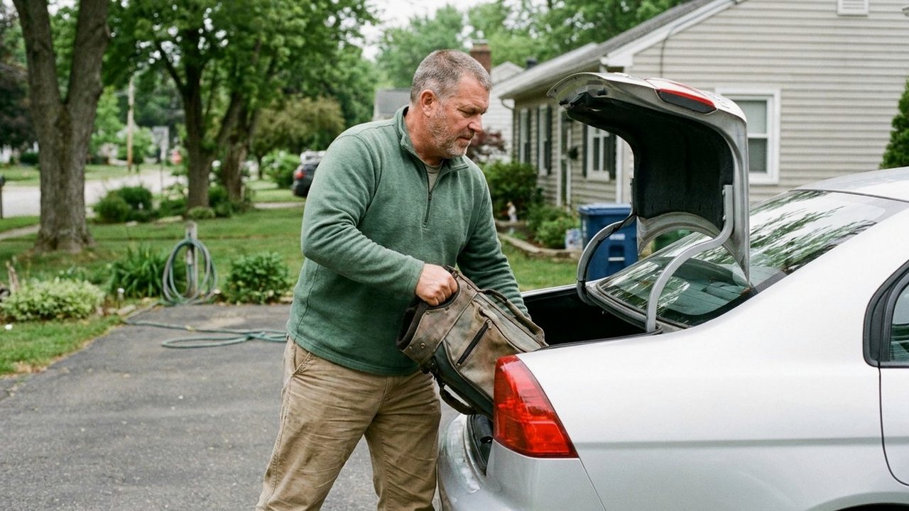 Man in green quarter-zip loads golf bag into car trunk