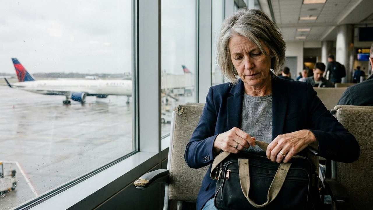 Executive in navy blazer adjusts carry-on strap at airport gate